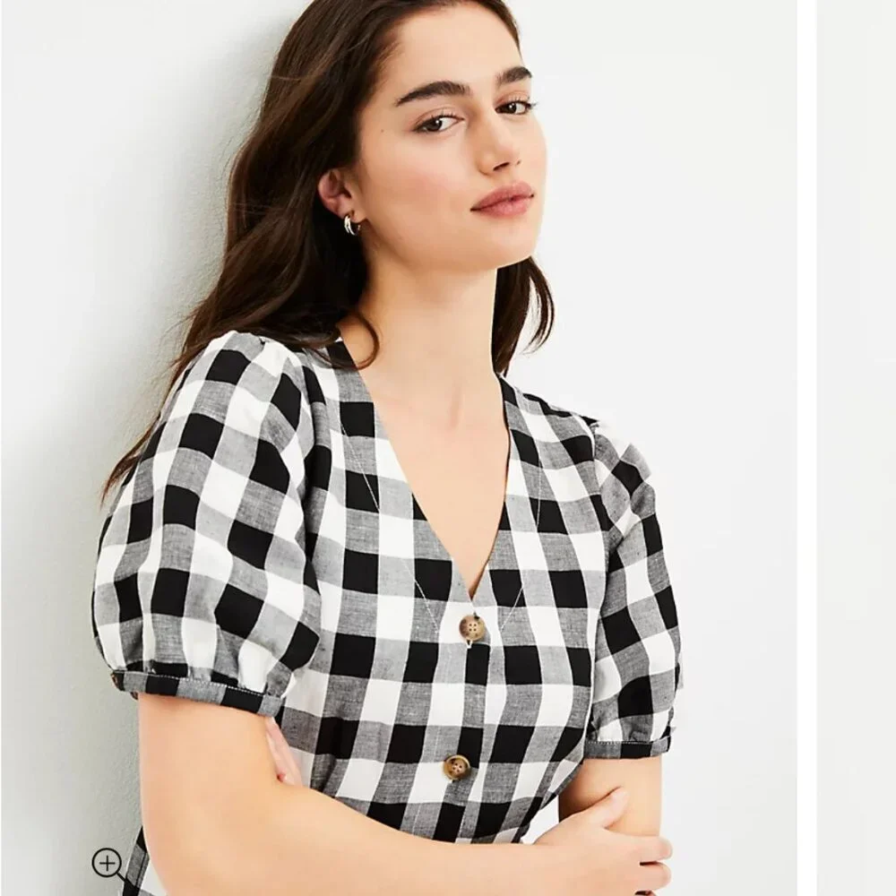 NWT LOFT Gingham Button V-Neck Dress Puff Short Sleeve Black White Size 2 Petite - Picture 2 of 8